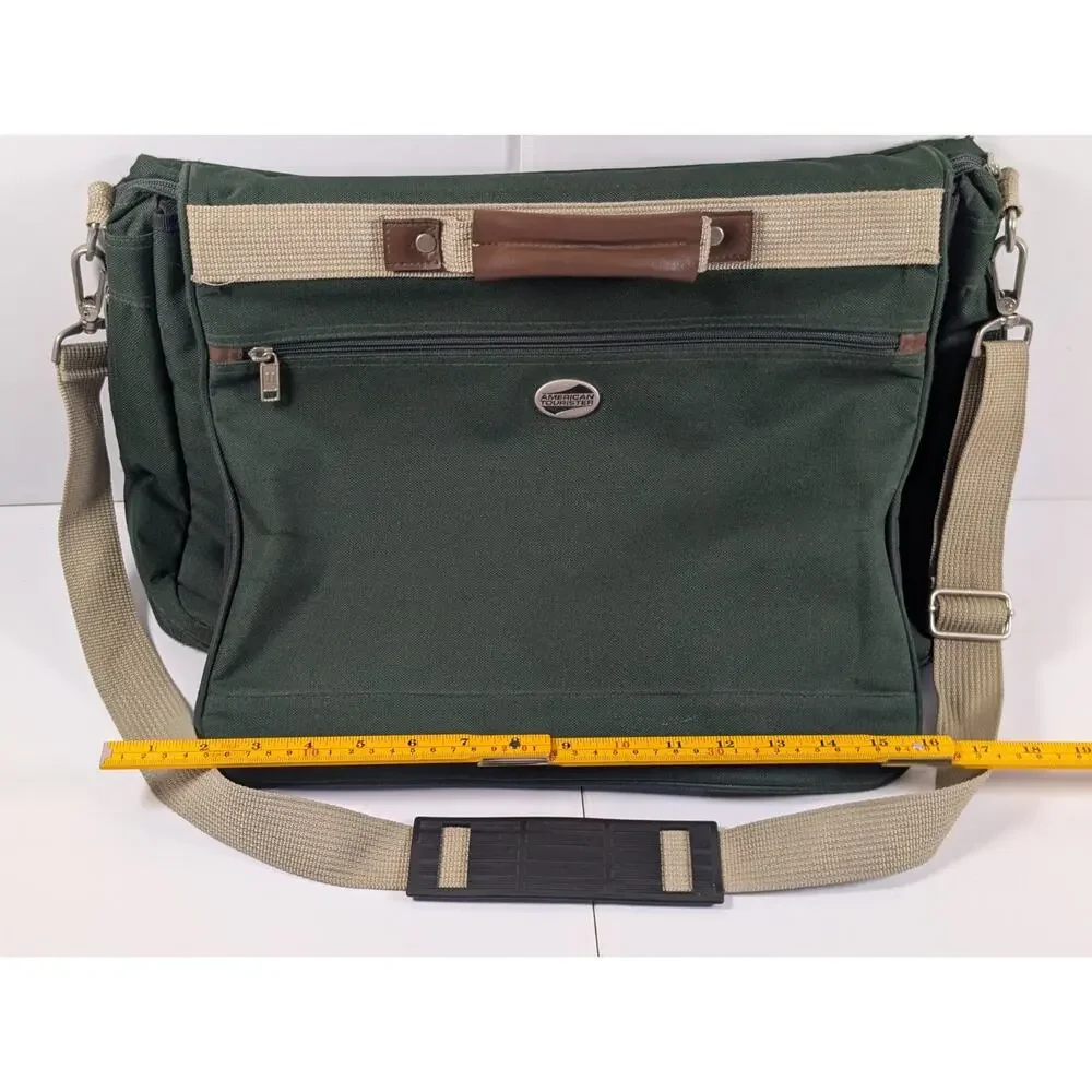 American Tourister Messenger Laptop Bag Green Canvas Briefcase Shoulder Bag 18